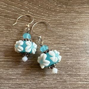 Floral Blue and White handmade lampwork bead Earrings
